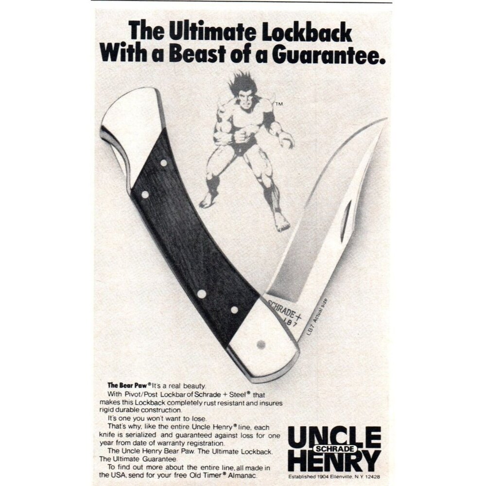 1981 Schrade Uncle Henry Bear Paw Lockback Knife Vintage Print Ad Hulk Wall Art